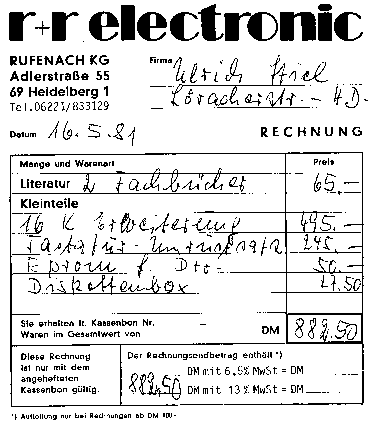 Apple II Rechnung 1981: 16K Speichererweiterung